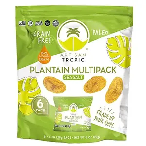 ARTISAN TROPIC Plantain Strips Sea Salt - 6 Pack, 1oz - Vegan, Paleo, Gluten Free Chips - Individual Bags Healthy Snacks for School, Gym, Kids – Whole 30 Approved Foods Baked Banana Chips