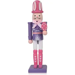 7 Inch Easter Bunny Nutcracker Decoration, Wooden Rabbit Soldier Figure for Spring Holiday Tabletop Display (Purple)