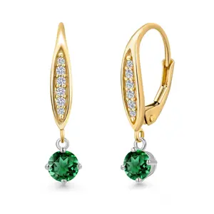 Gem Stone King 925 Silver and 10K Yellow Gold Green Nano Emerald and Lab Grown Diamond Dangle Earrings for Women | 0.89 Cttw | Gemstone May Birthstone | Round 4.5MM