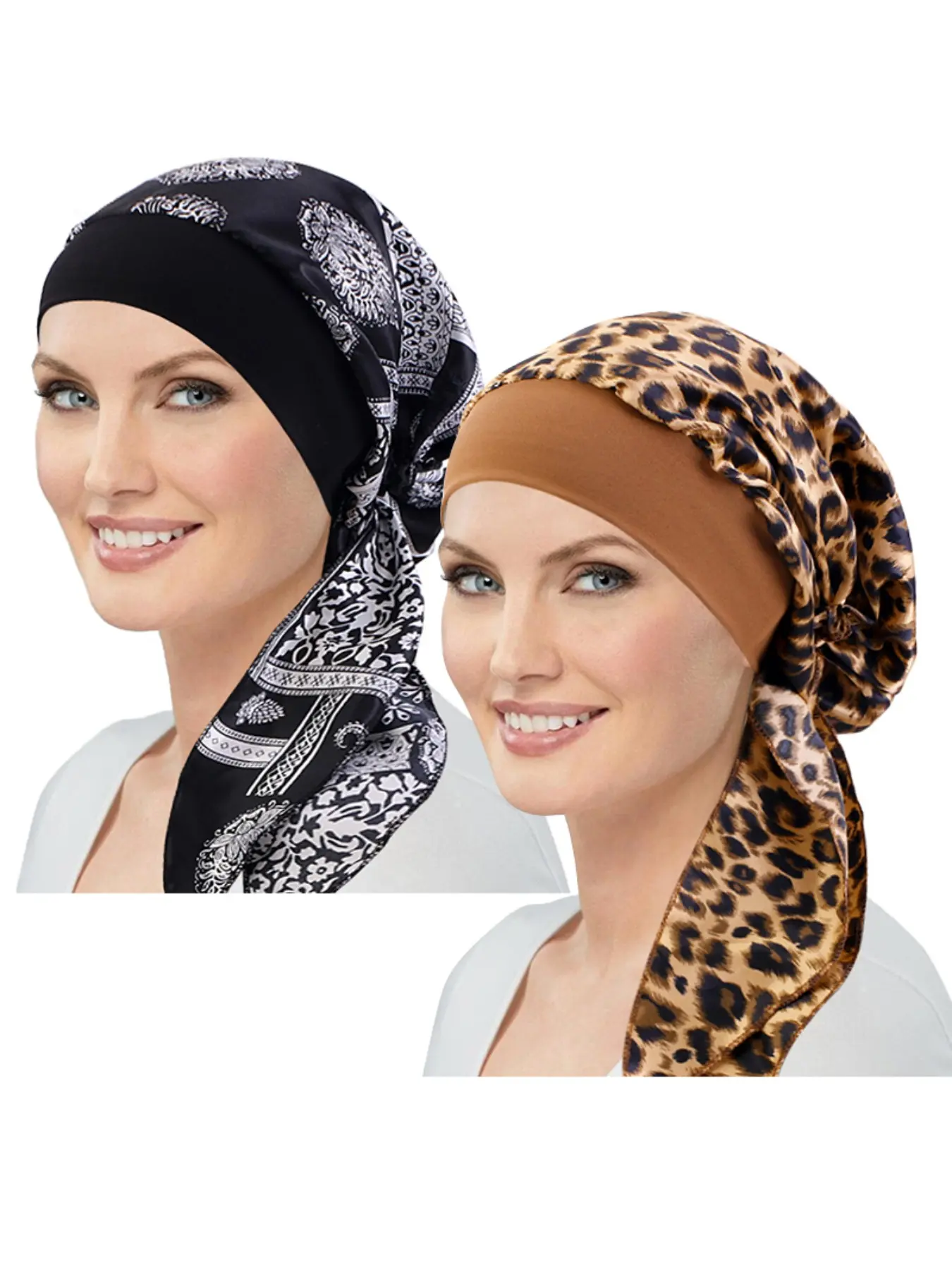 2pcs/set Ribbon Headscarf Hat, Ribbon Detail, Chiffon Print Tie Chemotherapy Cap, Chemotherapy Support, Wide Brim Elastic Sleep Cap, Slip-On Hair Cover, Hair Wrap Cap