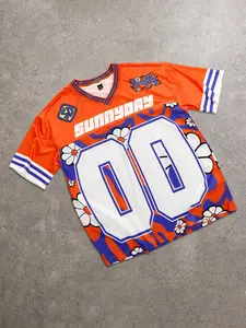 [1PC] Men's Oversized Football Jersey Streetwear Orange V-Neck Short Sleeve Top with Sunnyday Graphic Print Retro Blokecore Apparel for Men