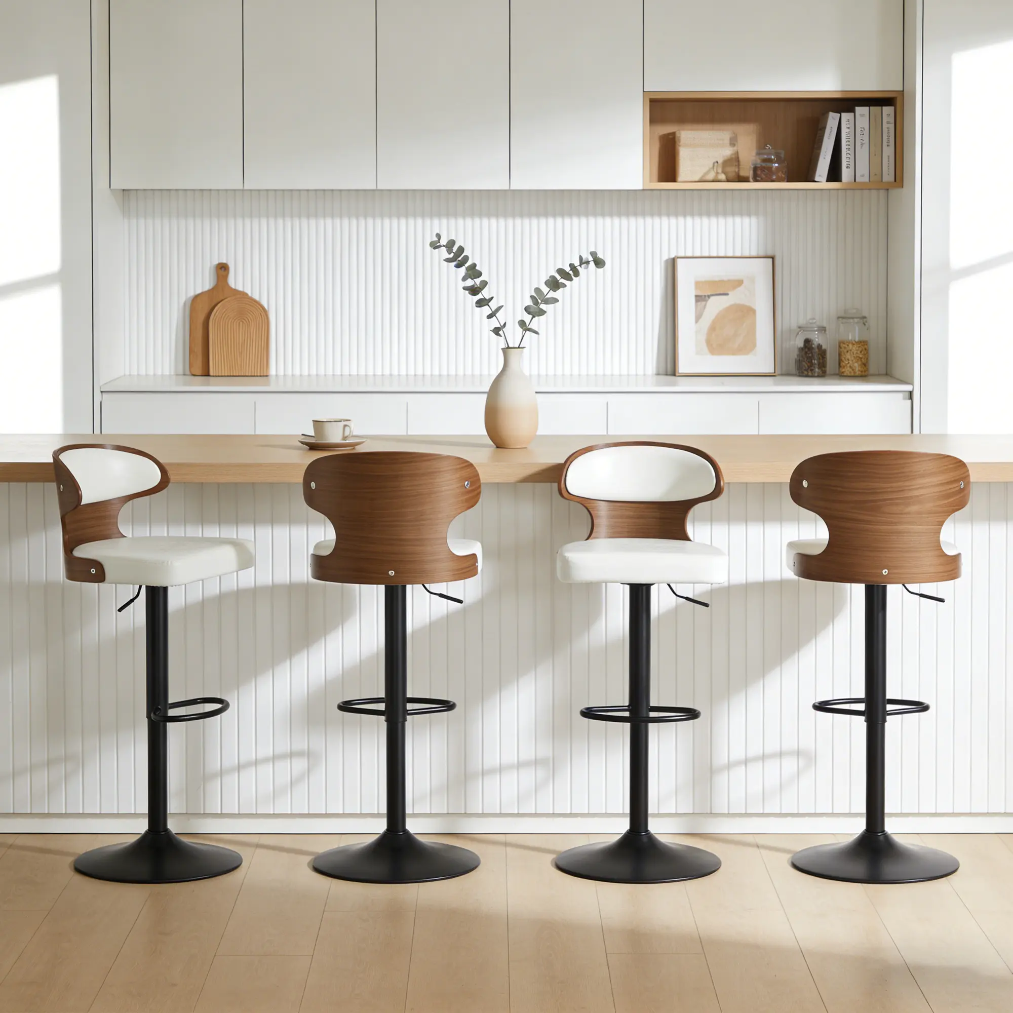 Adjustable Swivel Bar Stools Set of 2 with Curved Walnut Bentwood Back, Waterproof PU Leather Counter Height Bar Chairs with Footrest, 500LBS Capacity for Kitchen Island Cafe Bar Office, 7 Leather Colors