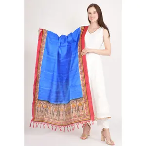 Blue Printed Border Dupatta With Tassels