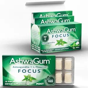 AshwaGum FOCUS Gum by BetterGum, High Potency Brain Supplement with KSM 66 Ashwagandha and L Theanine, Supports Concentration and Memory, Alternative to Gummies, Sugar-Free, 10 Pieces - 6 Pack