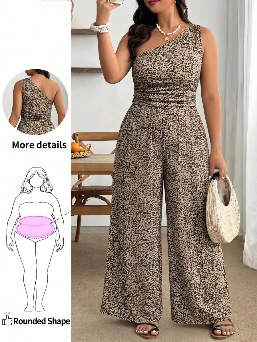 Enliva Beige Plus Size Women Summer Vacation Leopard Strapless Jumpsuit,Suitable For Mother's Day,Graduation,Church,Beach,Music Festival, Outfits