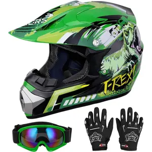 Youth Dirt Bike Helmet – With Goggles & Gloves, Dinosaur Style, Fit 5-14 Years Old Boys & Girls, Ideal for ATV/Motocross/BMX/UTV/Offroad/Go Kart