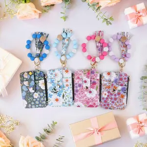 【2025 Best Gifts for Mother】Ladies' Boho Style Beaded & Tassel Decoration Keychain with Floral Pattern Wallet, Leather Credit Card Case Keychain Wallet
