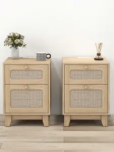 Topwin Modern Rattan Nightstand Set of 2 with Drawers,Charging Station,and LED for Bedroom or Bedside Table Furniture Home Minimal Design Storage