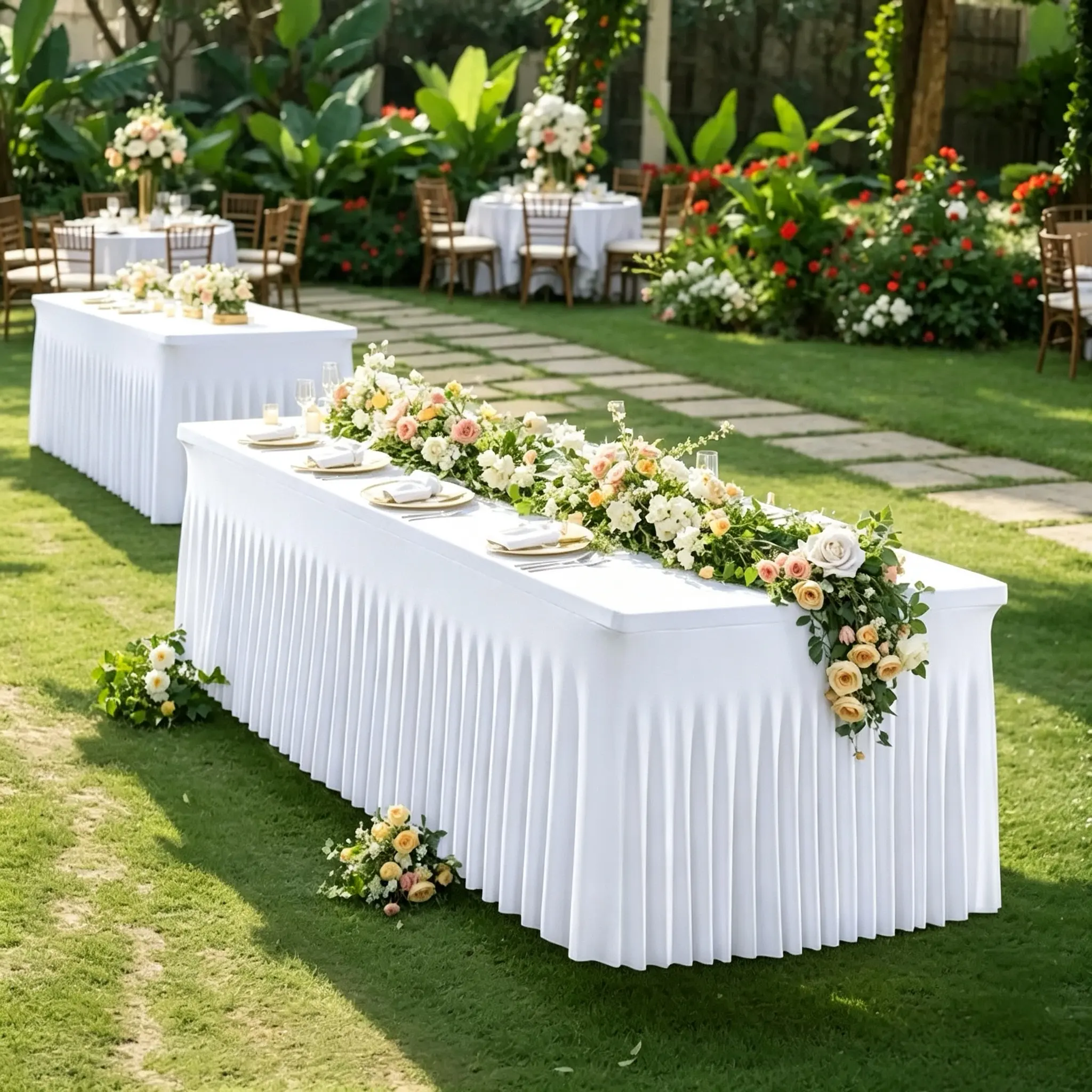 Spandex Table Skirt - 1/2 Pack Fitted Stretch Tablecloth for 6 Ft Rectangular Tables, Wrinkle Resistant, Ruffled Wedding Supplies, Decor for Weddings, Modern Elegant Decoration for Parties, Events