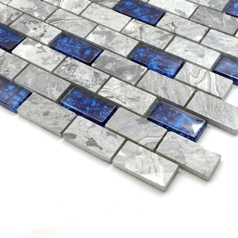 Glass Stone Mosaic 1x2 Subway Tile Navy Blue Gray Backsplash Polished Marble Wall and Floor Tiles
