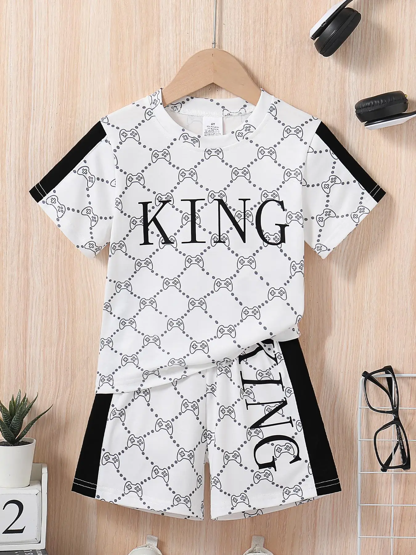 Two-piece Set Boy's All Over Game Console Letter Print Side Stripe Tee & Shorts Set, Casual Short Sleeve T-shirt & Elastic Waist Shorts, Summer Outfit