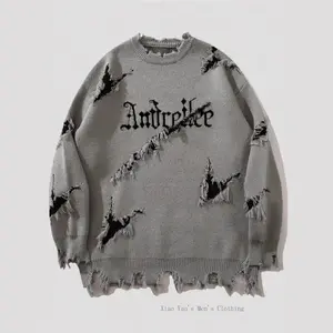 2025Mew Men's Letter Pattern Ripped Sweater,  Loose Long Sleeve Round Neck Jumper  Fall & Winter, Fashion Men's Knitwear  Daily Wear fleece-lined men spring autumn  wear jackets for winter fleece jacket QR Code F You Hoodie theNEW casual Slim Denim
