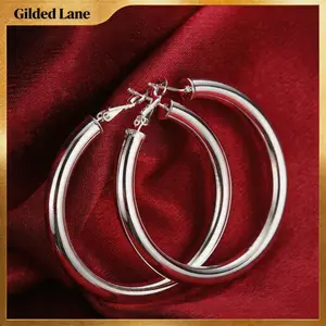 925 Silver Post Chunky Gold Hoop Earrings, Elegant Large Circle Design Earrings for Women Lightweight Hollow Tube   50mm Suitable For Daily Wear, Valentine'S Day, Birthday Parties, Gifts