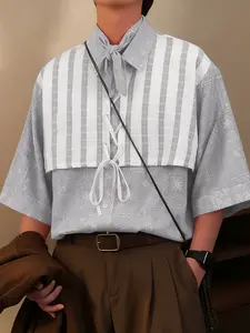 INCERUN Men Shirt Printing Lace Patchwork Lapel Half Sleeve Men Clothing Loose Korean Style Streetwear Fashion Casual Shirts Men Workwear