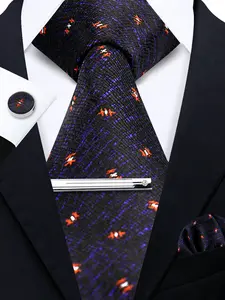 Four Piece Dark Floral Business Tie Set with Pocket Square, Cufflinks, and Tie Clip, Luxurious Men's Casual Ensemble for Daily Wear