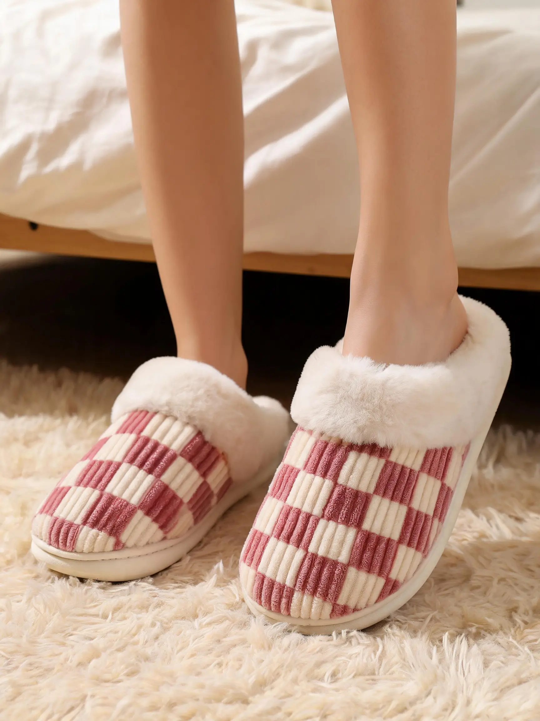 Unisex Checkerboard House Slippers – Cozy Plush-Lined Closed-Toe Indoor Shoes, Soft Warm Slip-On Bedroom Slippers for Women & Men, Fall Winter Home Footwear