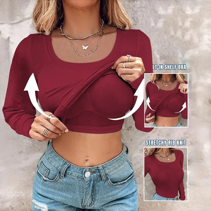 Chicme U-Neck Built-in Bra Long Sleeve Ribbed Top Shirts Elegant Skinny Fit Fabric