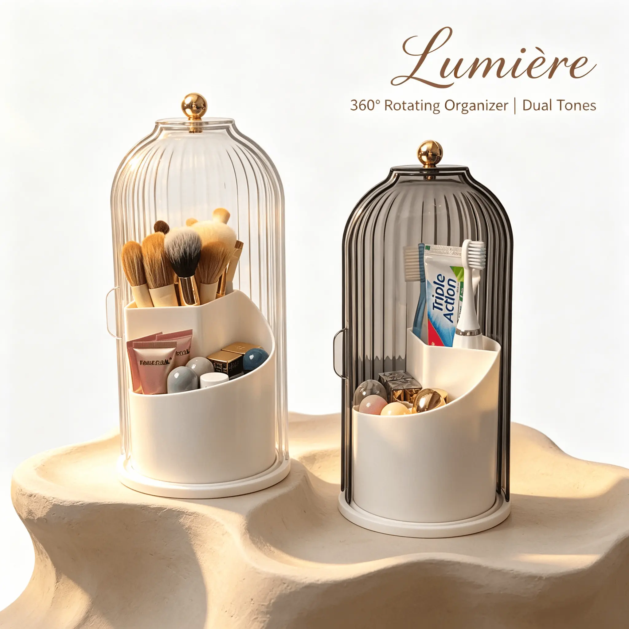 360° Rotating Makeup Organizer, Sealed Flip Top ABS Vanity Storage Box, Dustproof Moisture-Resistant Cosmetic Caddy with Height Partition Design, Non-Slip Stable Base.Dual Color Clear & Smoky Gray & Green &Black.