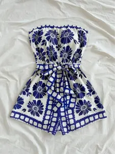 Women's All-Over Floral Print Knot-Front Tube Romper Casual Strapless Belted for Summer Fashion Clothing Beach Holidays and Vacations Womenswear flattering fit seasonal musthave easy care versatile style