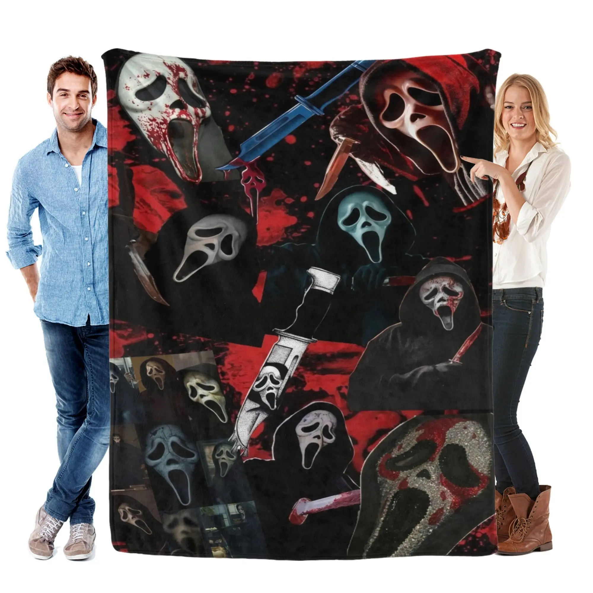 Scream Ghostface Horror Collage Flannel Blanket, Classic Ghostface Mask Bloody Knife Montage Graphic Soft Throw for Bedroom Dorm Back to School Camping, Spooky Halloween Home Decor, Ideal Xmas Halloween Birthday Gift for Horror Film Enthusiasts