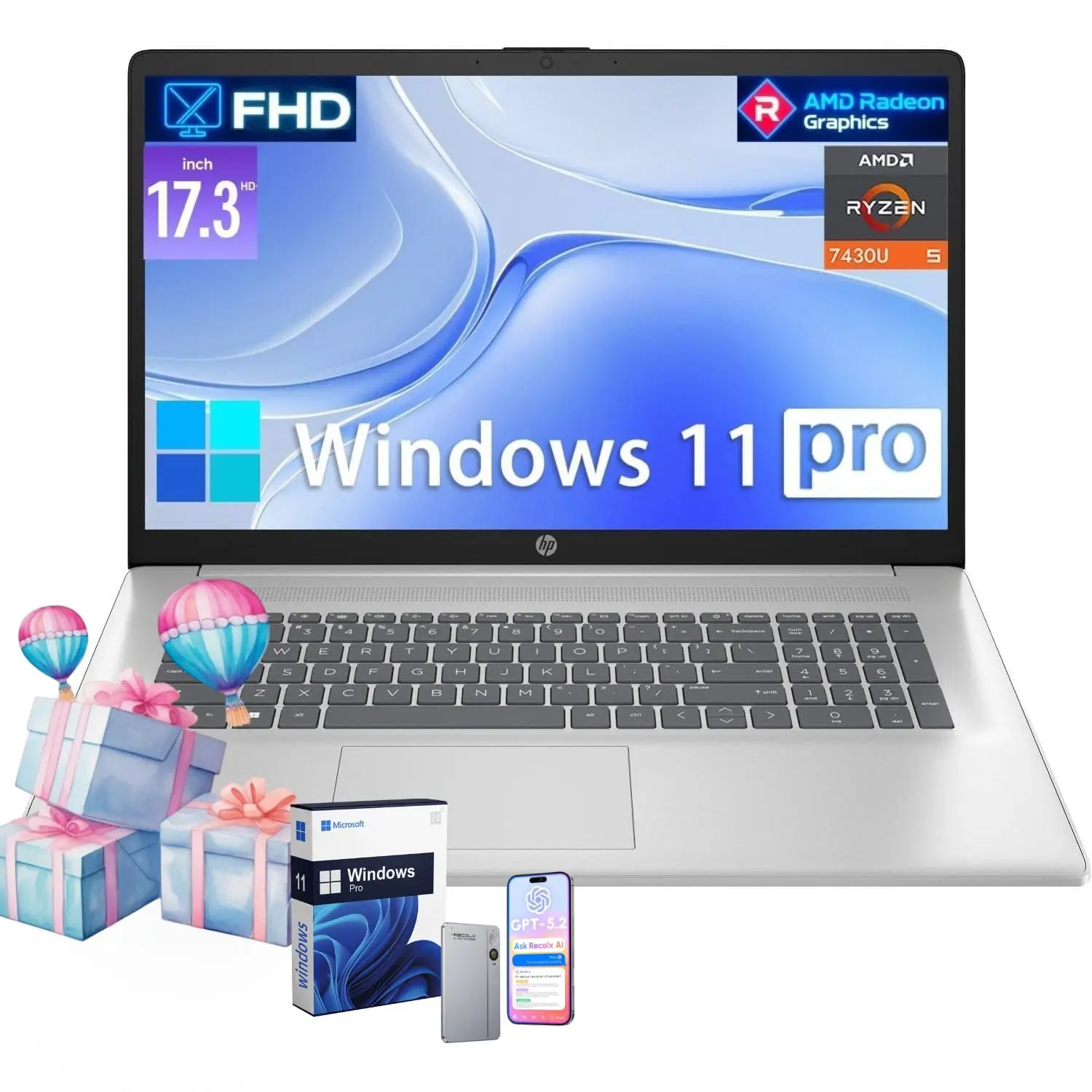 HP 17.3” FHD Anti-Glare PC Laptop for Business - Windows 11 Pro, AMD Ryzen 5 7430U, up to 32GB RAM, 512GB SSD, Wi-Fi 6, Fast Charge, Bundle Accessory