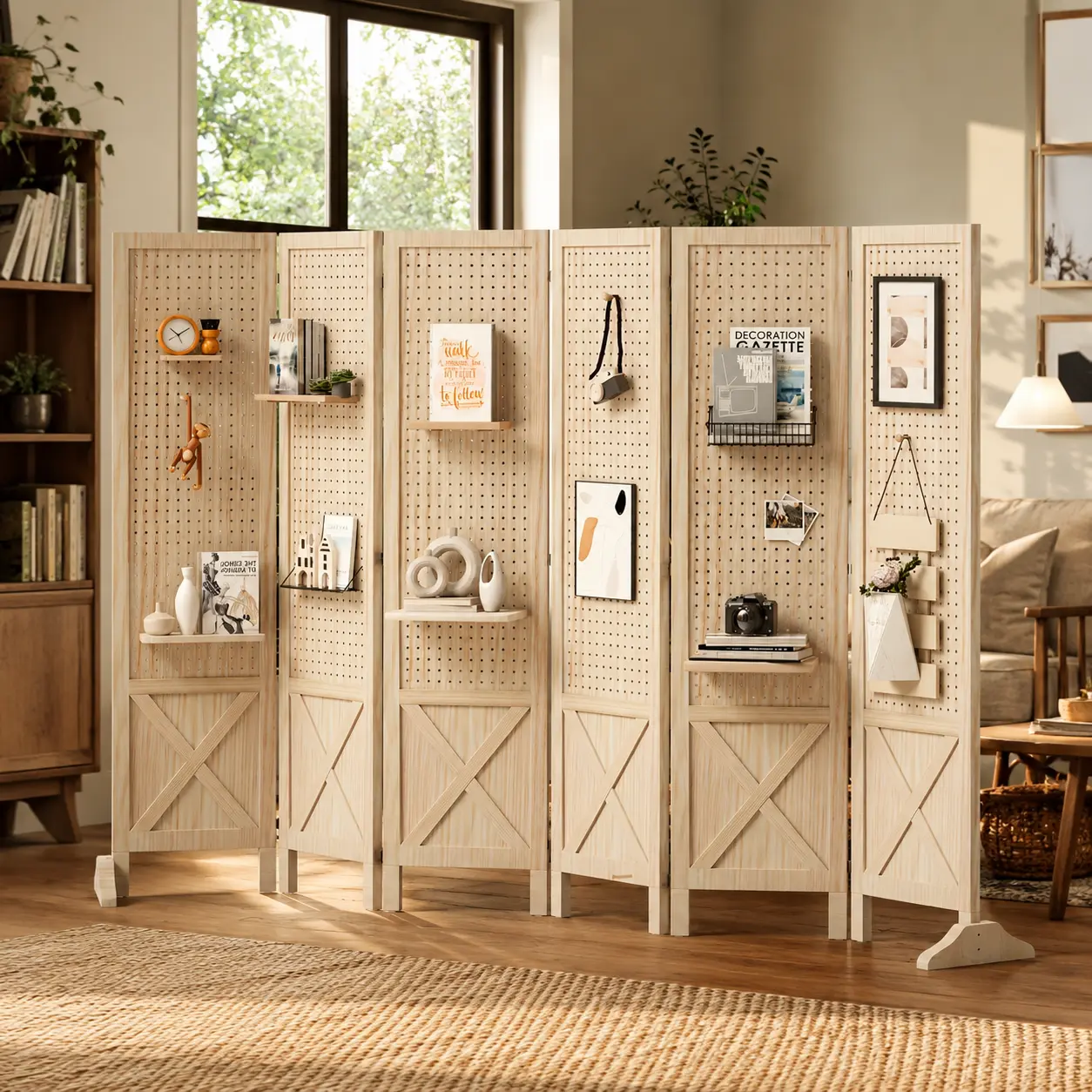 Bonnlo MDF Freestanding Pegboard Room Divider Folding Privacy Screen Wood Panel Partition Lightweight Space Separator for Office Events Retail Display