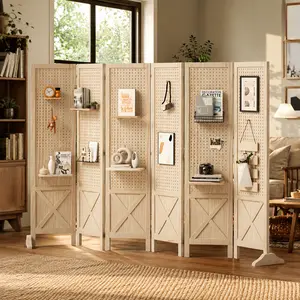 Bonnlo MDF Freestanding Pegboard Room Divider Folding Privacy Screen Wood Panel Partition Lightweight Space Separator for Office Events Retail Display