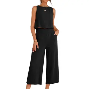 ANRABESS Women Lounge Sets 2 Piece Outfits Capri Wide Leg Pants Summer Sleeveless Crop Tops  Vacation Beach Travel Sets