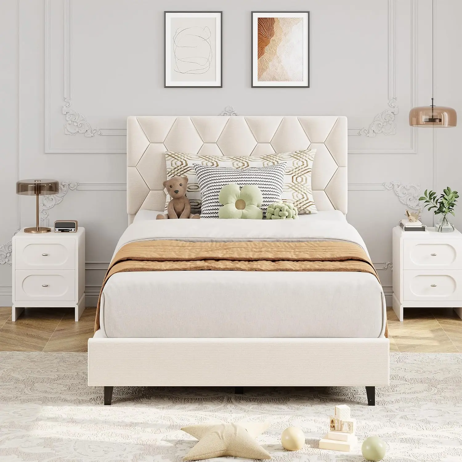 Twin Upholstered Bed Frame, Heavy-Duty Platform Bed Frame with Upholstered Headboard & Strong Wood Slats, No Box Spring Needed/Noise Free/Easy Assembly