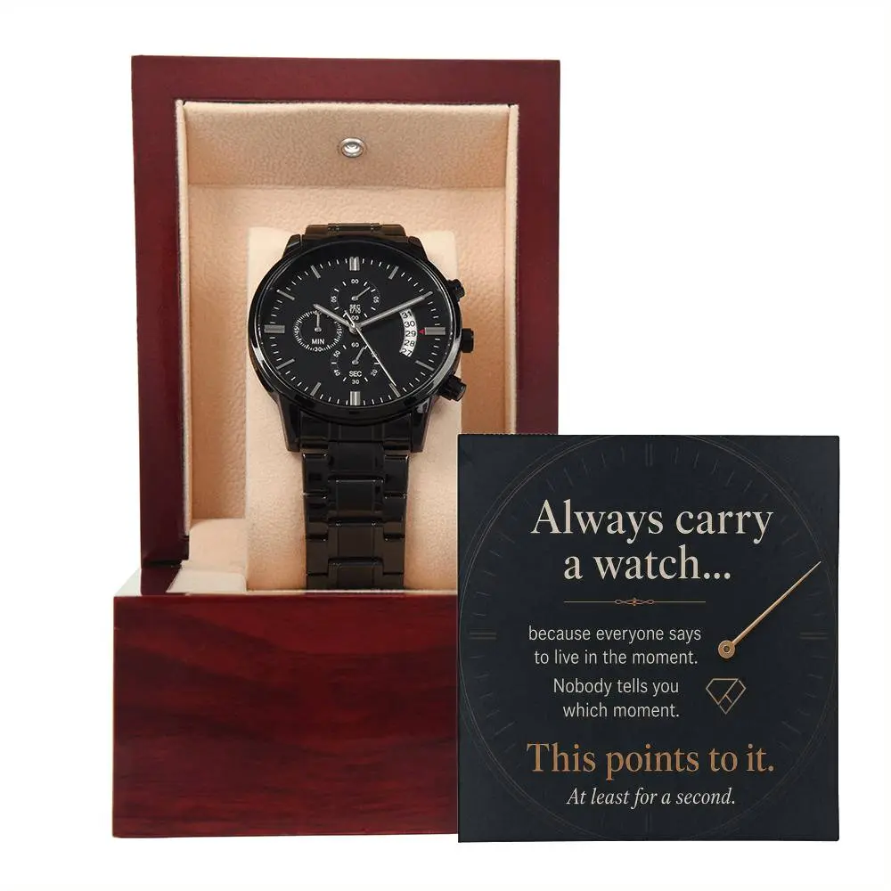 Men's Black Chronograph Watch Gift, Stainless Steel Watch with Meaningful Message Card