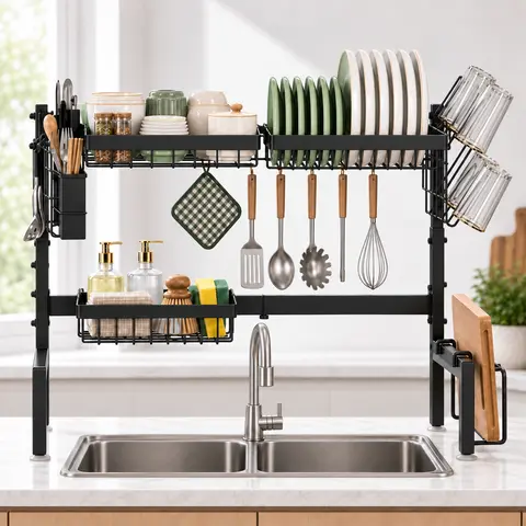 Adjustable Over The Sink Dish Drying Rack, 2 Tier Black Kitchen Sink Organizer with Utensil Holder, Knife Holder and Hooks