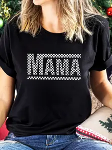 Women's Casual Loose Fit T-Shirt - Black & White Checkered MAMA Graphic Print, Breathable Summer Top with Round Neck, Machine Washable, Ladies T Shirts, Casual Attire, Relaxed Fashion, Nontransparent Material