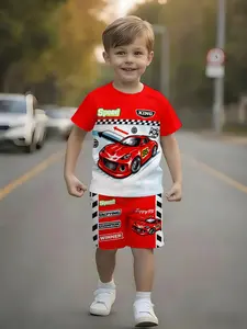 Boys Racing Car Print Set, Children Speed Theme Short Sleeve Shorts Two-Piece Set, Casual Loose-Fitting Cartoon Suit Outfit