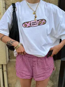 Women's Cartoon Print Drop Shoulder Knit Tee, Fashion Casual Crew Neck T-Shirt for Daily Holiday Vacation Outdoor Wear, Ladies Clothes for Summer