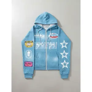 Men’s fashion patch-printed zip-up hoodie — loose sports design hooded zip jacket suitable for spring and autumn casual wear, long-sleeve pullover sweater