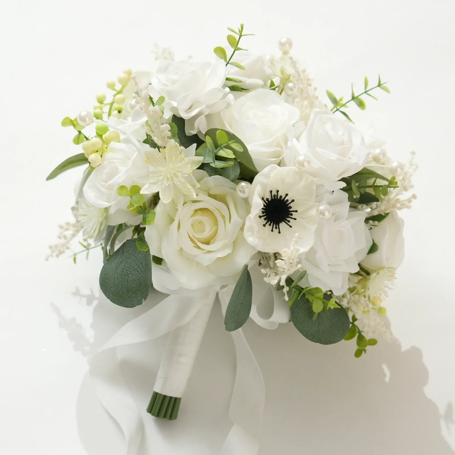 A8995 Silky Lifelike Artificial Eucalyptus Leaf White Bridesmaid Bouquet - Artificial Flower Bouquet, Home Decor Decoration Items, Wedding Ceremony Supplies