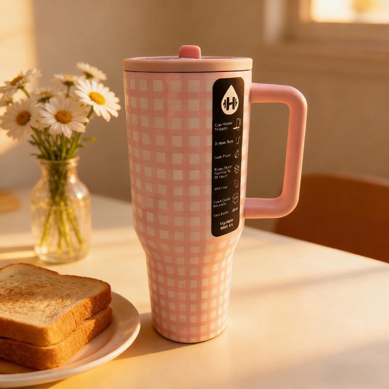 HydroJug 40oz Pink & White Plaid Insulated Water Bottle, Large Capacity Leak-Proof Travel Mug, Portable Thermal Cup for Car, Office, Sports & Outdoor Use spout handle Tumbler Personalized