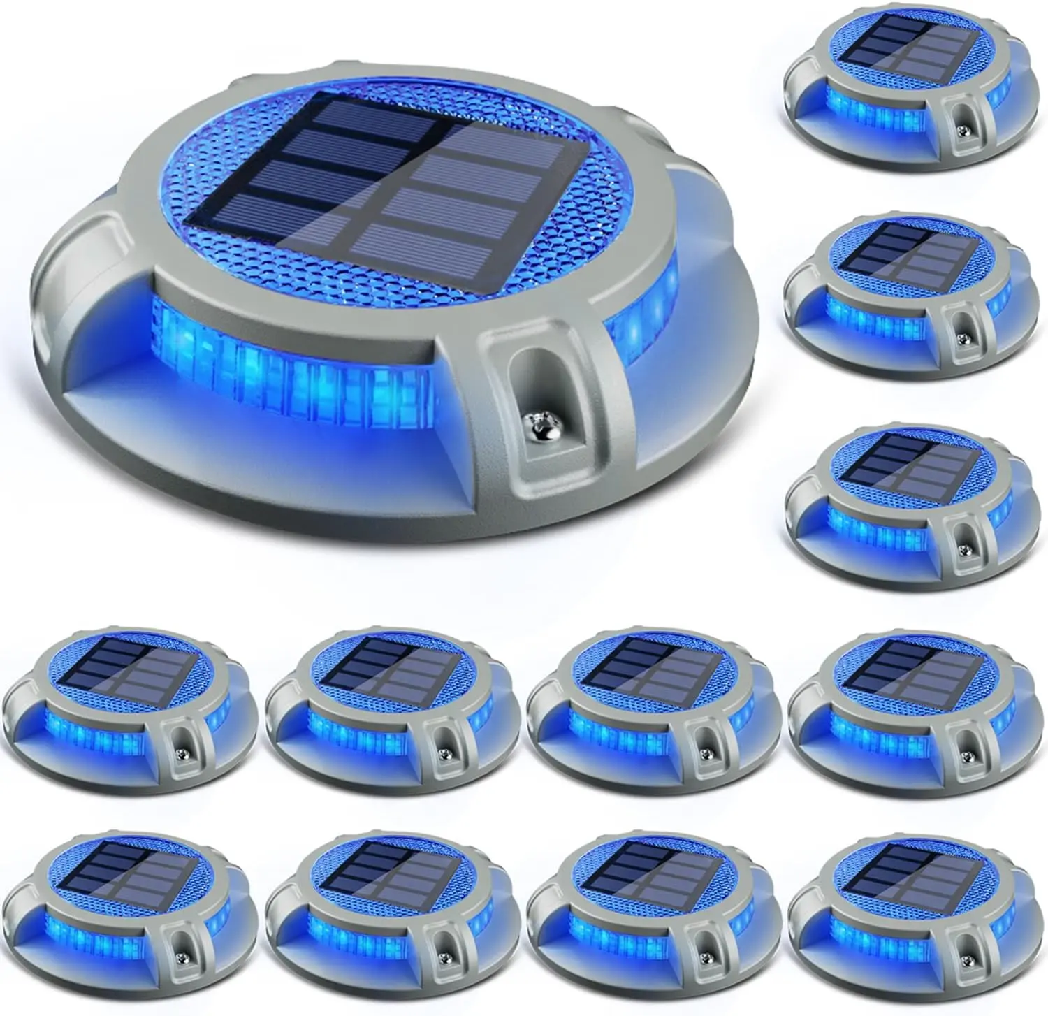 Solar Driveway Lights Outdoor 4 Modes 40 LEDs Deck Driveway Markers Marine Dock Light  for Ground Walkway Pathway Step Garden Yard, Blue/White Dynamic Lighting (12 Pack)
