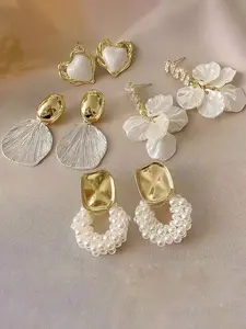 4 Pairs/Set Elegant Simple Vintage Round Faux Pearl Shell Drop Oil Heart French Style Luxury Earring Set, Suitable For Women's Daily And Holiday Wear, Versatile Earrings