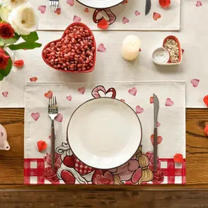 4 Valentine's Day placemats-rectangular table mats woven with linen, machine washable, heart-shaped design for gnome couples, suitable for romantic dinners and party decorations, suitable for family restaurants and outdoor dining tables-very suitable for