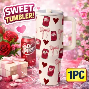 AuraCup 1pc 40oz Insulated Hydration Tumbler with Handle and Lid, Large Stainless Steel Travel Mug with Straw, Coffee Thermos, Bow and Heart Pattern Design, Double Wall Vacuum Coffee Cup Keeps Drinks Cold 12 Hours Hot 6 Hours, Valentine Gift for Her