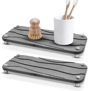 2pcs Instant Drying Stone Sink Organizer Tray for Bathroom Counter,Kitchen Sink Diatomaceous Earth Water Absorbing Sink Caddy Stone Vanity Tray, Modern Sponge Holder Drying Rack (Grey) Stainless Steel Decor Plant
