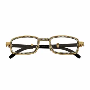 BLING TWO - Rhinestone Retro 90s Metal Rectangle Glasses Gold Clear Lens