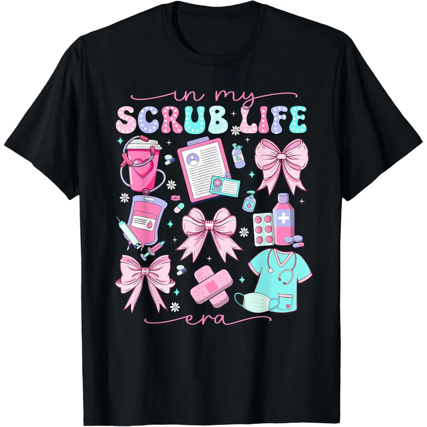 Women's Short-Sleeve Distressed Graphic Casual Top - In My Scrub Life Era Coquette Bow Funny ER ICU Nurse Big Fall T-Shirt