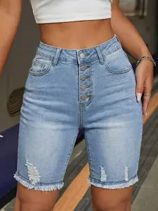High Waist Denim Shorts, Single-Buckle Design, Distressed Style, Summer Streetwear, Fitted, Versatile Fit, Perfect for Casual