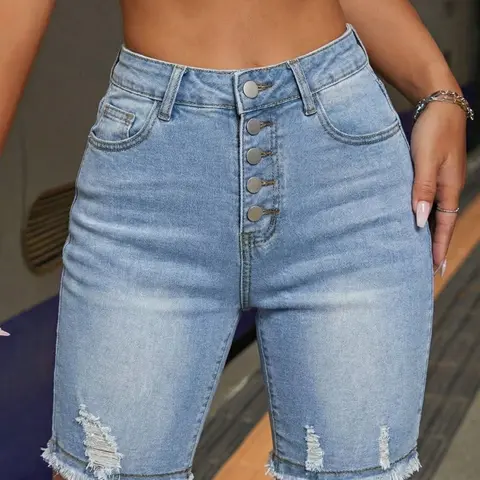 High Waist Denim Shorts, Denim Festival Shorts, Distressed Style, Summer Streetwear, Womenswear, Versatile Fit, Lightweight Fabric, Perfect for Casual Occasions