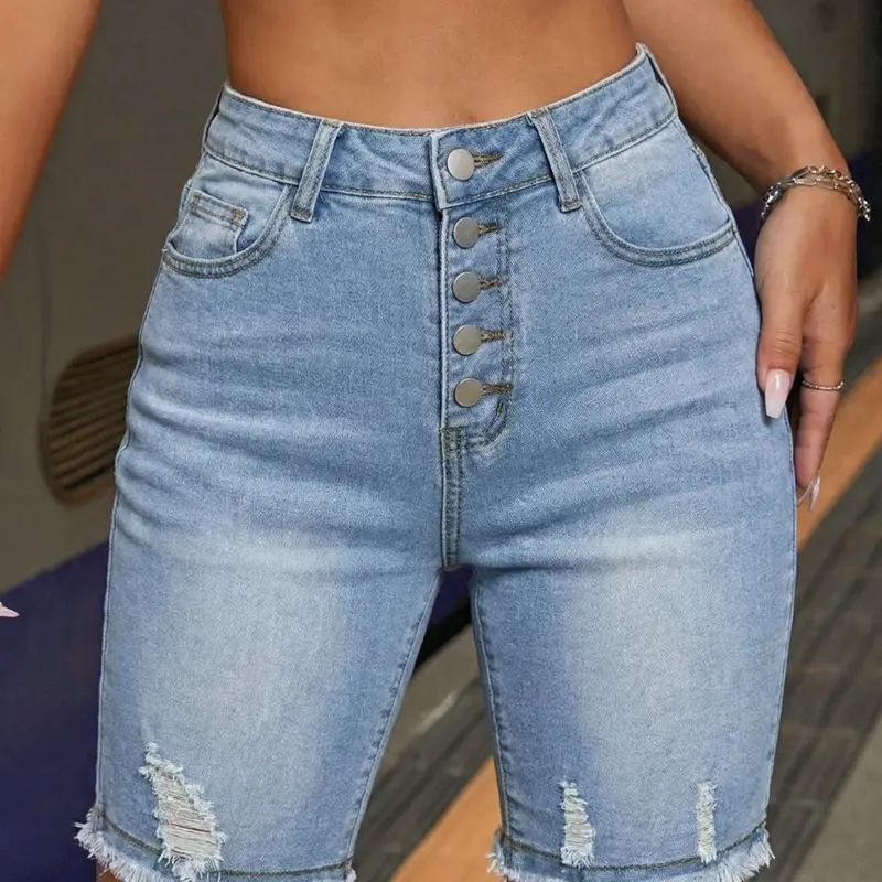 High Waist Denim Shorts, Denim Festival Shorts, Distressed Style, Summer Streetwear, Womenswear, Versatile Fit, Lightweight Fabric, Perfect for Casual Occasions
