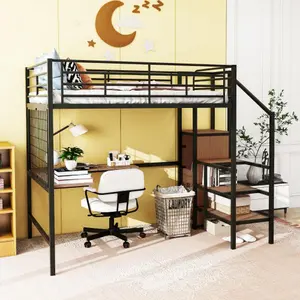 Bellemave Twin Full Size Metal Loft Bed with Desk and Metal Grid Stylish Metal Frame Bed with Lateral Storage Ladder and Wardrobe Black Loftbed Dorm Modern Style Space Saving Versatile Furniture