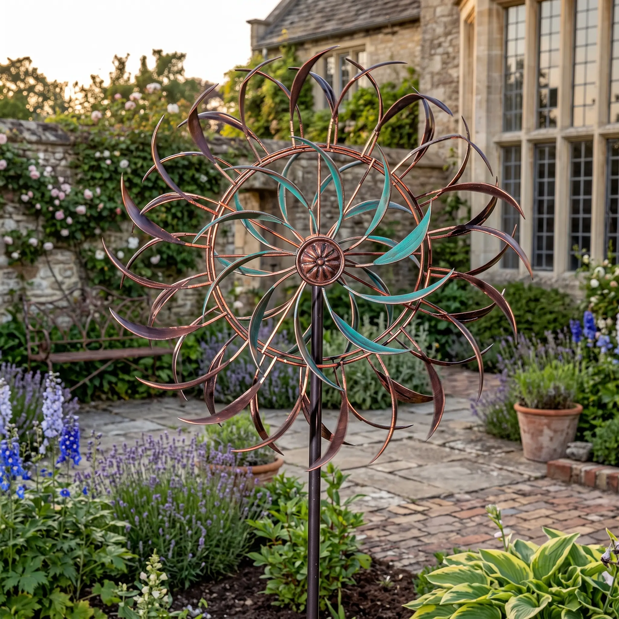 Large Outdoor Metal Wind Spinner - 360-Degree Dual Rotation Kinetic Wind Sculpture with Stake Base, 66x15.8" Garden Art Decor for Patio, Lawn