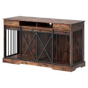 Double Dog Crate Furniture, 63” Large Dog Kennel Furniture with Divider and Sliding Doors, Heavy Duty Dog Kennel Furniture with Drawers and Shelves for Living Room, Retro Brown